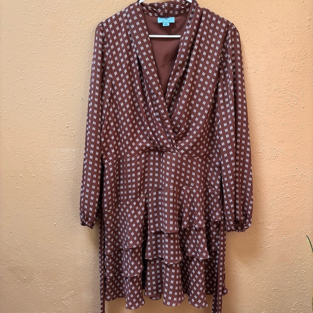 CeCe Brown Geometric Print Long Sleeve Tiered Ruffle Mini Dress XL RN90714